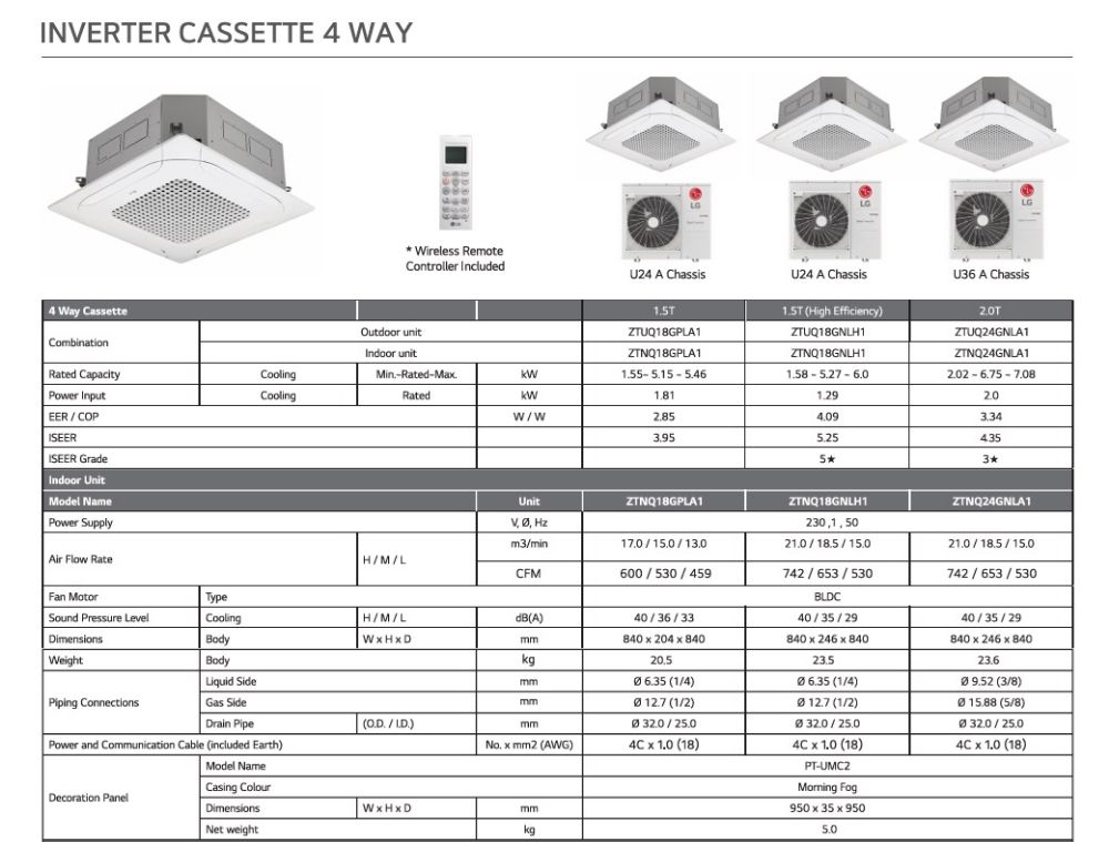 LG cassette ac inverter 4 way 1.5 ton and 2 ton